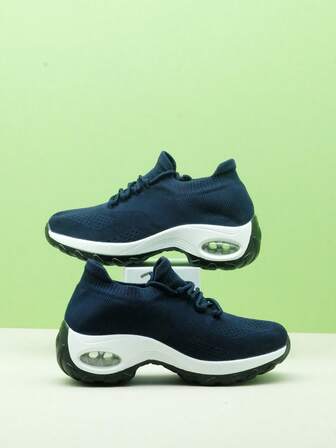 Kids' Casual Lace-Up Cushioned All-Black Air Cushion Dance Sneakers, Knit Sock Shoes