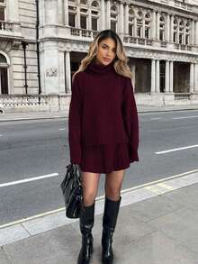 2026新款纯色休闲优雅商务办公居家外出约会返校长袖高领毛衣针织裙两件套，女士两件套，春季穿搭，女士音乐节穿搭，女士情人节穿搭，女士度假穿搭，女士生日穿搭，夏季假日穿搭，派对礼服，女士节日穿搭，Y2K风格，女士沙滩穿搭 - 暗紅色 - 查看 3
