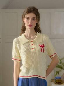 Simple Retro 女士春夏撞色3D花卉图案Polo领修身短袖上衣，优雅米色 - 米黃色 - 查看 3