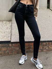 Livesso Damen Hohe Taille Skinny Jeans, dehnbare Slim Fit Thermofutter Jeans für Herbst/Winter mit Fleecefutter - Dunkelgrau - Übersicht 1