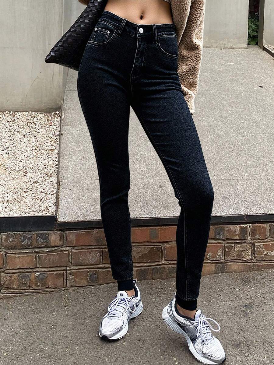 Livesso Damen Hohe Taille Skinny Jeans, dehnbare Slim Fit Thermofutter Jeans für Herbst/Winter mit Fleecefutter - Dunkelgrau - Übersicht 1