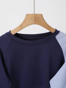 1pc Striped Patchwork Contrast Color Ribbed Button Women Blouse, Daily Wear, Spring/Autumn, White, Black, Blue, Pink, Green, Yellow - Navy Blue - View 3