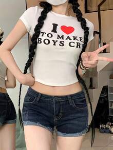 美国宝贝圆领短袖T恤，夏季新款爱心图案和字母印花，修身短款女式上衣 - 白色 - 查看 1