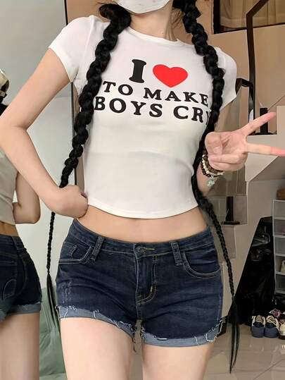 Round Neck Short-Sleeve T-Shirt American Babe, Summer New Heart Pattern And Letter Print, Slim-Fit Cropped Women's Top