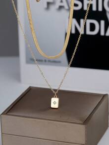 Nooxian 2 piezas Collar colgante de doble capa con cuchilla de acero inoxidable, cadena cuadrada de cobre con micro-incrustación de circonita brillante - Amarillo Oro - Ver 9