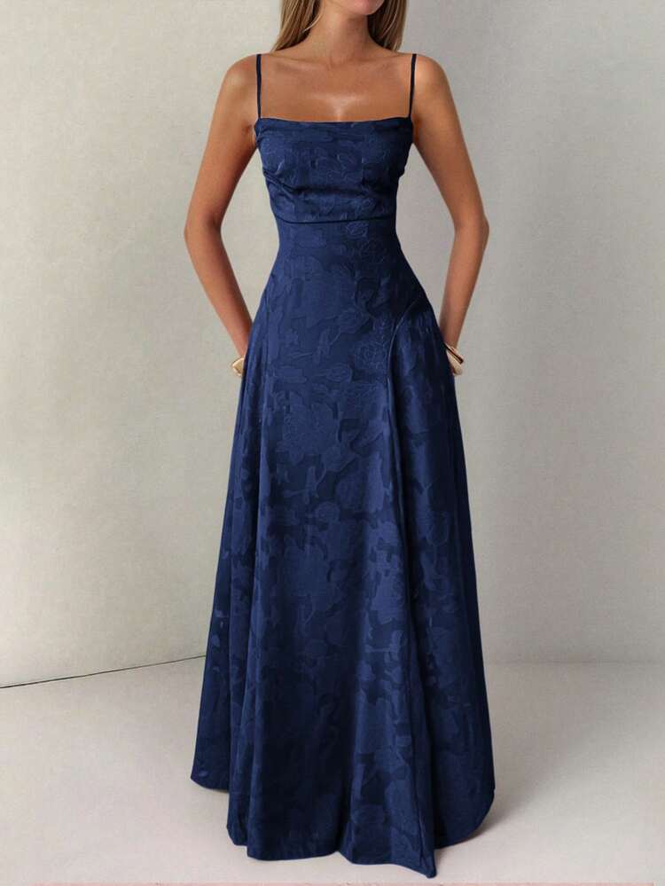 Robe en dentelle à bretelles fines et dos nu pour femmes, automne. Sexy et élégante, convient pour les vacances, les sorties, les rendez-vous, la rentrée scolaire, Noël et autres occasions - Bleu marine - Voir 6