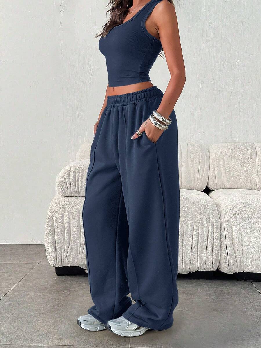 Women's Casual Loose Solid Color Elastic Waist Sweatpants With Pockets - Dusty Blue - View 1
