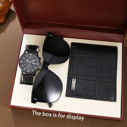 男士三件套奢华礼盒：黑色石英表（黑色表盘，罗马数字时标，日期显示，镶钻）+金色飞行员太阳镜（棕色镜片）+棕色PU皮夹，时尚百搭，适合日常及商务场合，是生日/周年纪念/圣诞节的完美礼物。