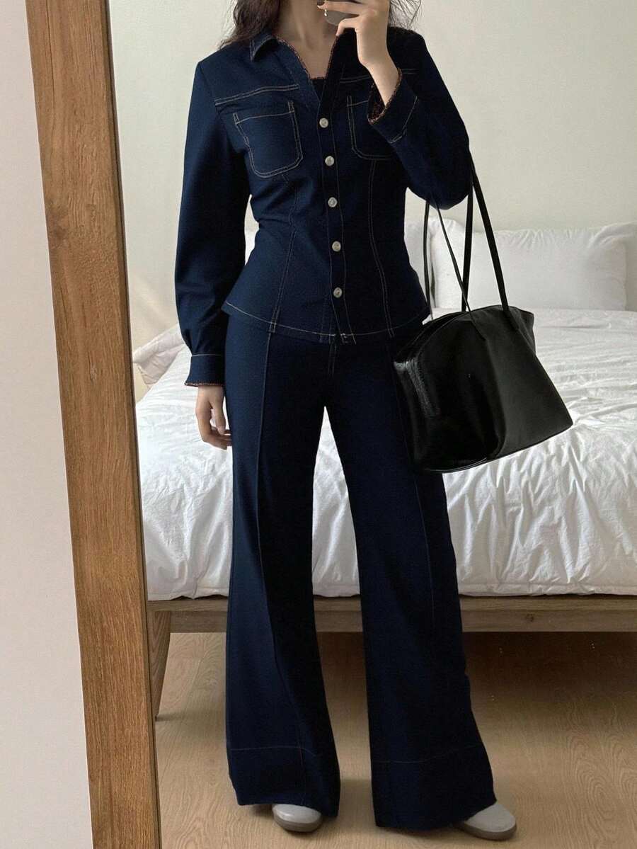 DAZY Autumn/Winter New Loose Casual Urban Style Women Denim 2 Pieces Set - Blue - View 1