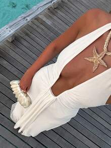 Women's Casual And Elegant Daily Versatile Solid Color Hollow Out Waist-Defining Sexy Pleated Flowy Strap White Sleeveless Halter Neck Long Dress, Spring Summer,Summer Dresses For Women,White Dress,Casual Long Dresses,Holiday Clothes,Elegant Dresses For Ladies,Party Dresses For Women,Beach Dresses,Summer Outfits - White - View 7