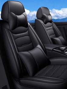 Stylish Black Faux Leather 5-Seater Full Coverage Car Seat Covers - Includes Headrest & Lumbar Pillows Universal Fit Auto Seat Protectors - Five Black Seats With Headrests and Lumbar Support - View 1
