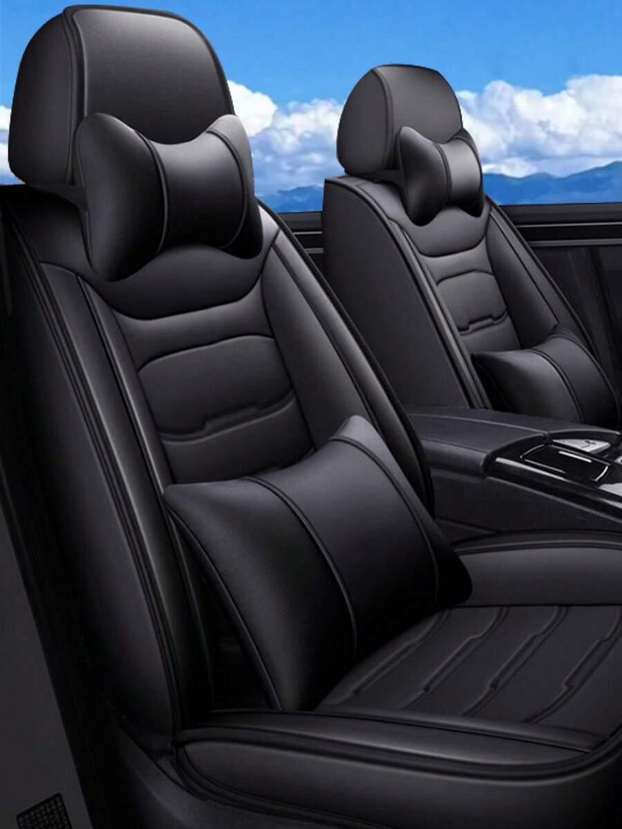 Stylish Black Faux Leather 5-Seater Full Coverage Car Seat Covers - Includes Headrest & Lumbar Pillows Universal Fit Auto Seat Protectors - Five Black Seats With Headrests and Lumbar Support - View 1