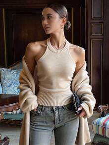 Livesso 2pcs Women's Solid Color Camisole Cardigan Sweater Set, Autumn - Apricot - View 1