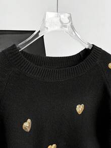 Women's Casual Loose-Fit Sweater, Round Neck Embroidered Heart Pattern, Plain Design, All-Season Wear, Fashionable & Versatile,Sequin,Elegant - Black - View 4