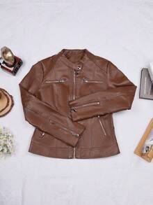 Apperloth A 1 件女式修身拉链开合 PU 皮夹克 - 咖啡棕 - 查看 7