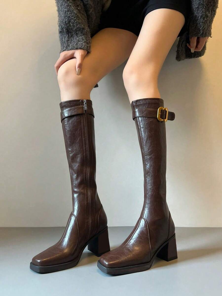 女士性感高跟过膝长靴，搭扣方头修身骑马靴，秋冬款 - 棕色 - 查看 1