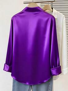 Fashionable Women's Satin Button-Up Shirt, New Arrival, Casual, All Season - Purple - View 2