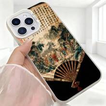 Cubierta de telefono con diseño de abanico chino estilo antiguo color negro con estampado de paisaje tradicional y caracteres chinos para uso diario en cafeterias y eventos culturales - Negro - Ver 5