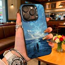Cubierta de telefono con diseño de paisaje invernal azul con ciervo y figura humana para iPhone 14 Pro Max protector resistente a golpes con estampado artístico ideal para uso diario en cafeterías y exteriores - Negro - Ver 2
