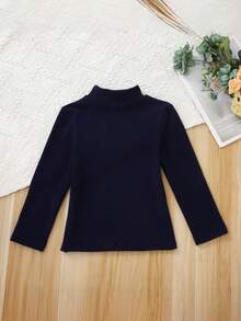 女童高领长袖纯色打底衫，藏蓝色，保暖百搭套头衫，适合春、秋、冬季穿着，儿童、幼儿及小学生适用 - 藍色 - 查看 2
