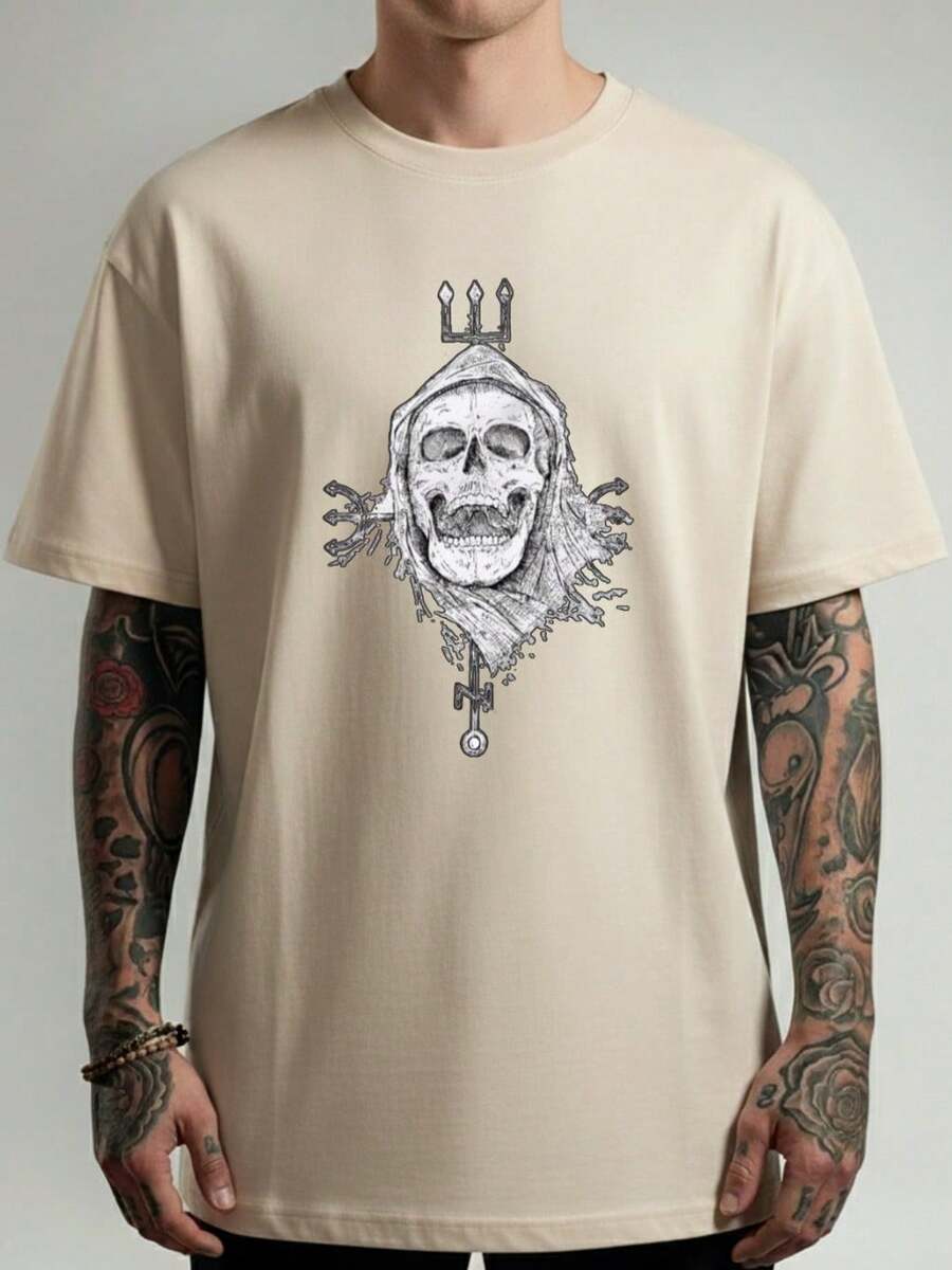 Unisex Streetwear Style T-Shirt With Skull, Crayon, Cloak And Trident Print - Stylish Men's And Women's Shirt - 100% Cotton - Free Shipping On - 米色 - 查看 1