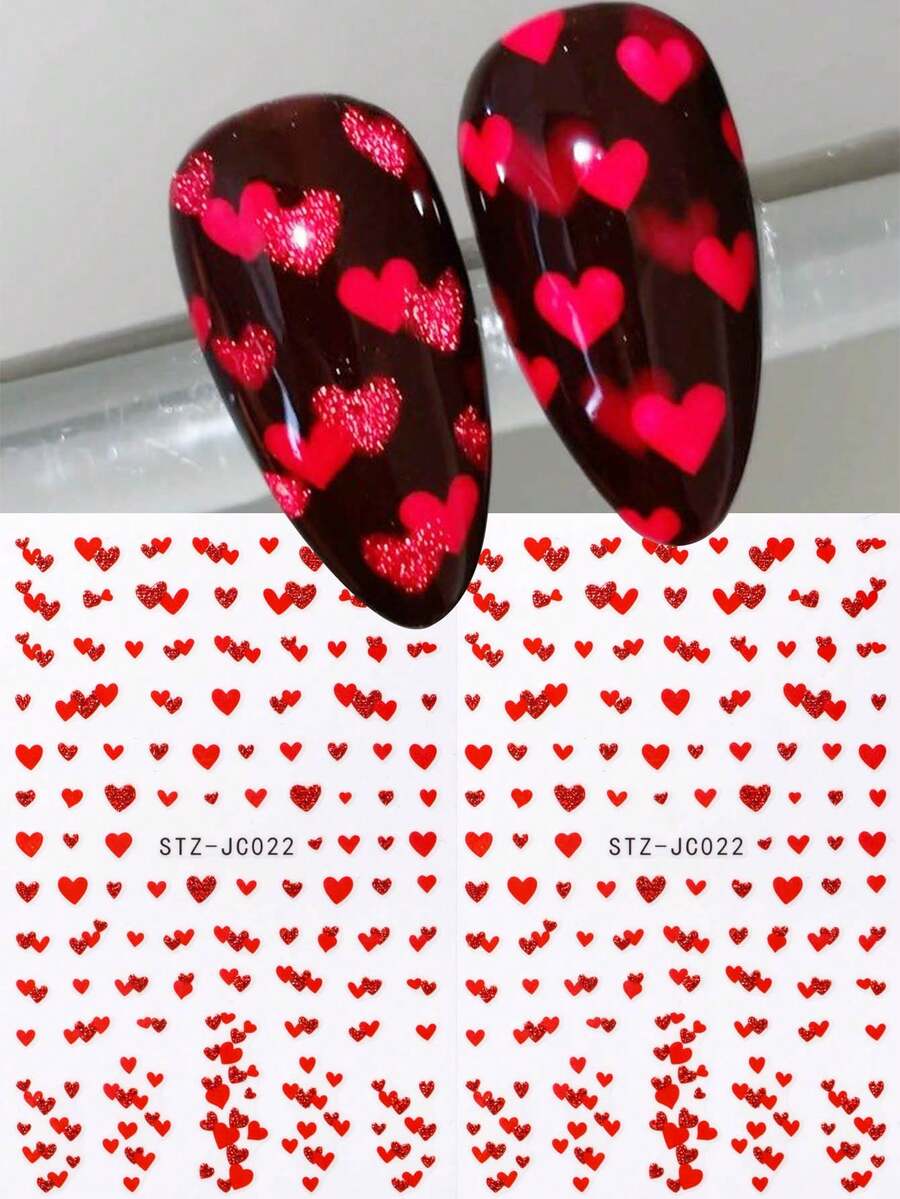 2片迷你红色闪光爱心美甲贴纸，重叠爱心图案，爱心覆盖整个表面，浪漫婚礼美甲贴花，新年美甲用品 - 彩色 - 查看 1