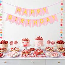 1个鱼尾生日快乐拉旗，派对拉旗横幅装饰，生日派对装饰，嘉年华节日圣诞节新年户外花园悬挂三角旗 - 粉紅燙金 - 查看 6