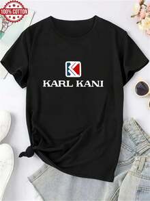 1PC 100% Cotton Karl Kani Logo Graphic Print Women's Crewneck Tshirt,Classic Streetwear Style, Suitable for Daily Wear,Perfect Holiday Gift, Birthday Gift, Graduation Gift,Back to school gift Suitable for Daily Wear. - Negro - Ver 1