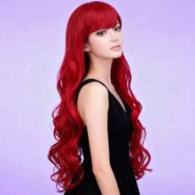 28-Inch Women's Red Long Curly Synthetic Wig With Bangs, Full Wig Head Piece - Red - View 9