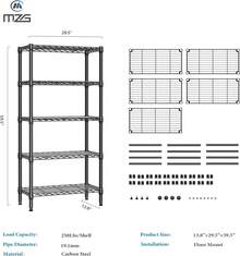 M MZG 1250 Lbs Storage Rack Metal Wire Shelving Unit,  5 Tier Black Heavy Duty Storage Standing Shelf Organizer For Laundry Bathroom Kitchen Pantry Closet Garage Basement Office-13.8" D X 29.5" W X 59.5" H - 黑色 - 查看 8