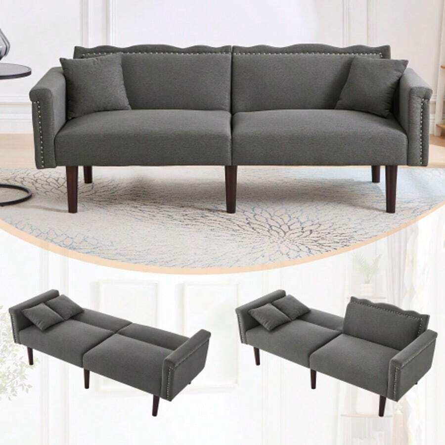 Sofa Bed With Bed Function, Adjustable Angle, Golden Legs, With Cushions And Side Storage Pockets - Antique Gray - View 1