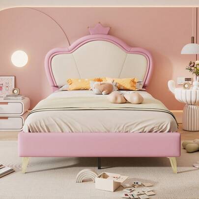 Upholstered Bed, Children's Bed, With Soft Protective Edges, Headboard With Metal Bed Legs, Elegant Upholstered Headboard Profile, Single Bed, PU, Pink+White, 90x200cm