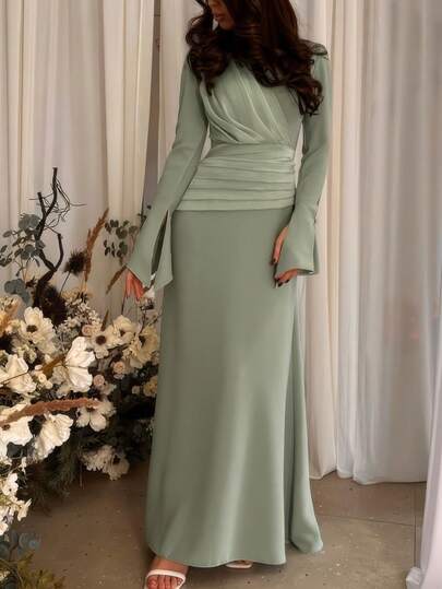 1pc Cream White Elegant Wedding Guest Maxi Dress, Long Bell Sleeves, Suitable For Women, Perfect For Special Occasions, Muslim-Friendly