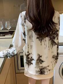 Women's New Arrival Elegant Printed Casual Shirt, Long Sleeve Design, Suitable For Daily Wear And Vacation - White and Green - View 6