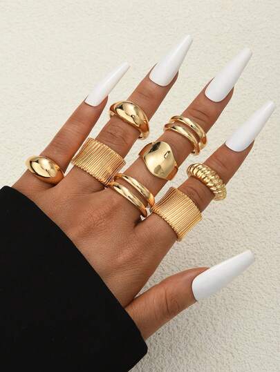 8pcs Vintage Fashion Elegant Niche Luxury Retro Geometric Asymmetrical Multi-Element Wide Band Adjustable Ring Set, , Suitable For Vacation, Party, Date, Gift, Daily Matching, High Cost-Effective Jewelry Promotion