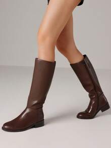 Women's Knee High Boots Round Toe Flat Wide Calf Long Boots Riding Boots Knight Boots Side Zipper Suitable For Outdoor Commuting Office - màu nâu sô cô la - Xem 5