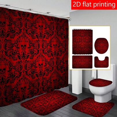 1件/4件套红色骷髅头图案浴帘套装，含地毯、复古浴室浴帘、地毯、马桶盖套和浴垫，现代浴室装饰套装，含浴垫和12个塑料挂钩