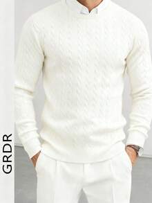 Men's Casual Versatile Solid Color Twist Knit Crew Neck Sweater - White - View 2