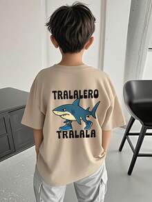 男童及青少年休闲印花圆领短袖T恤，夏季上衣 - 杏色 - 查看 8