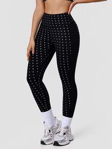 Sodalemon 女士弹力腰带波点休闲健身紧身裤户外训练运动健身紧身裤跑步裤无前缝瑜伽紧身裤 - 黑色 - 查看 6