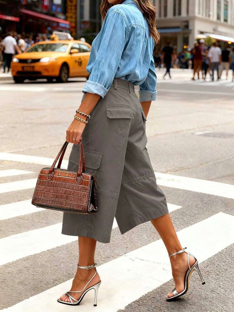 New Arrival Women Casual Solid Color Pocket Short Cargo Pants - Grey - View 3
