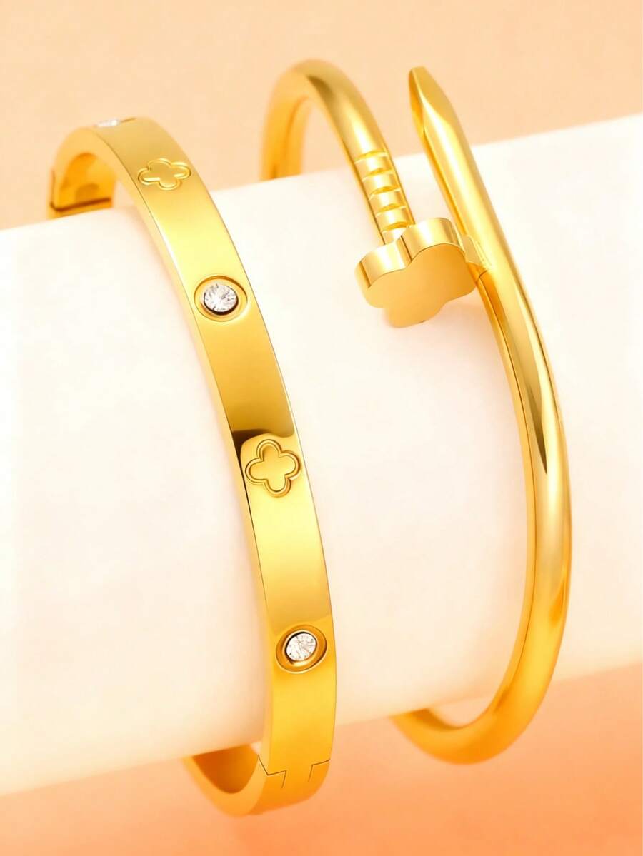 2pcs/Set High Quality Stainless Steel Flower Gold Bangle Set, Four-Leaf Clover Nail Bangle, Four-Leaf Clover Rhinestone Bangle - Gold - View 1