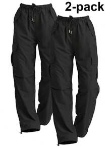 2-Pack Women's High-Waisted Wide-Leg Cargo Pants - Loose Fit Elastic Drawstring Sweatpants For Hiking & Athletic Wearn - 黑色和黑色 - 查看 11