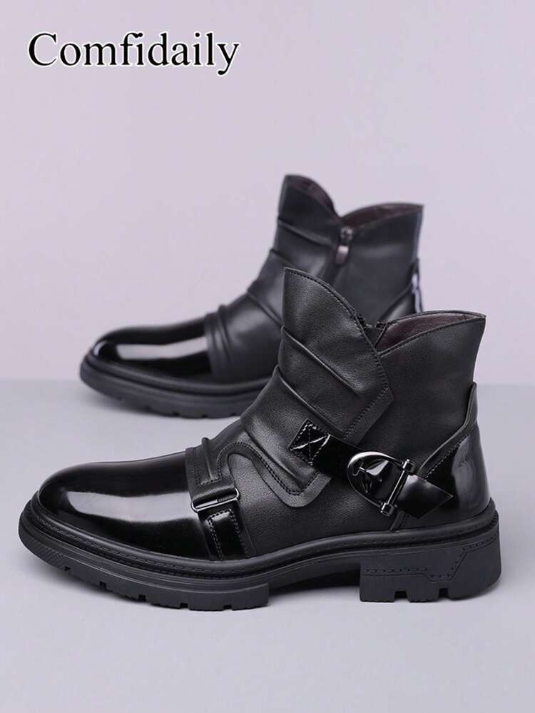 Men's Winter New Leather Patchwork Buckle High-Top Boots, Casual Versatile Ankle Boots - Black - View 13