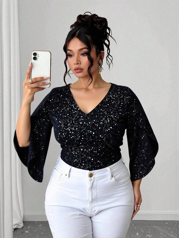 大码女式V领3/4袖亮面休闲T恤