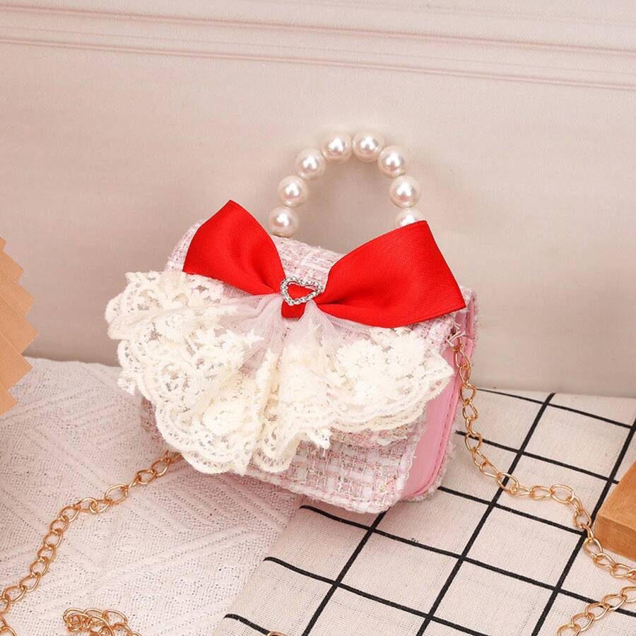Princess Style Chain Bag Pearl Accessories Cute Children's Handbag Bow Unique Girl's Shoulder Bag - Pink Heart Bow - View 1