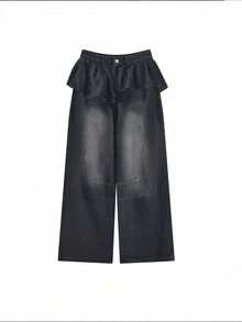 黑灰色二合一牛仔裙裤，宽松喇叭腿设计，百搭，秋季新品 - 黑色 - 查看 3