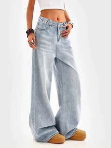 Teen Girls Loose Fit Light Blue Wide Leg Jeans, Retro Baggy Style