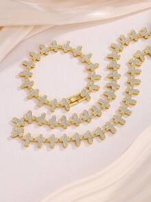 2pcs Fashionable & Versatile Fully Rhinestone Clover Necklace & Bracelet Jewelry Set, Suitable For Men And Women Everyday Wear - Bracelet Set - View 8