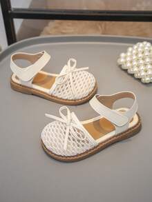 1 Pair Children's Fashionable & Versatile Flat Sandals, Soft & Comfortable Hook And Loop Closure, Bow Decor, Anti-Slip , Suitable For Summer - White - View 3